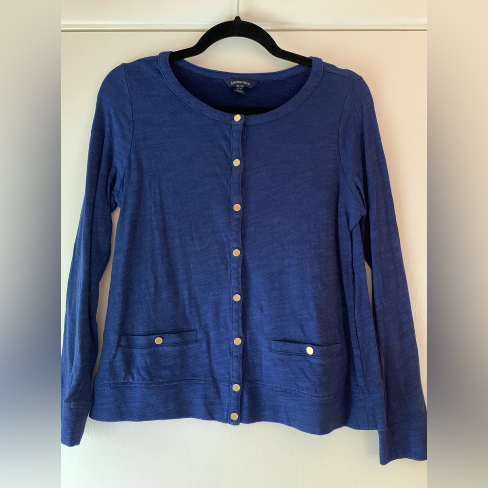 Lands End Navy Blue Lightweight Cardigan Gold Buttons Nautical Coastal Preppy